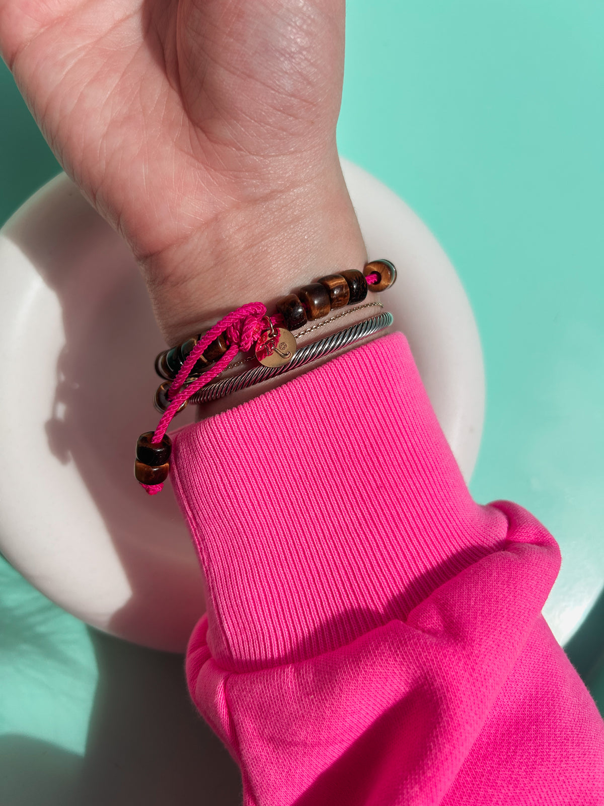 Chocolate Sweet Heart Beads Bracelet on Hot Pink Cord