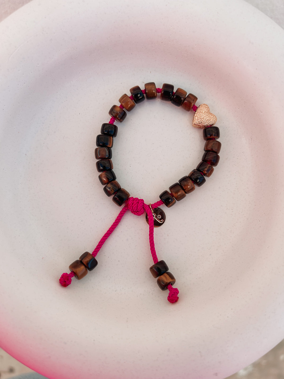 Chocolate Sweet Heart Beads Bracelet on Hot Pink Cord