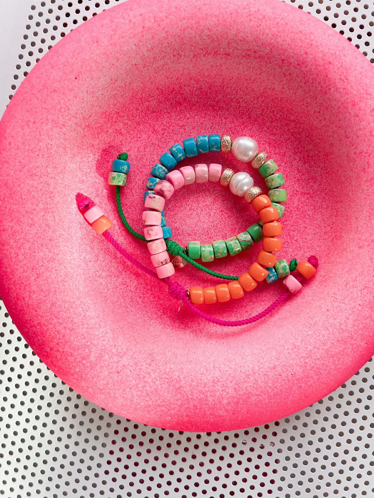 Summer Sunset Pearl Beaded Bracelet on a Hot Pink Cord