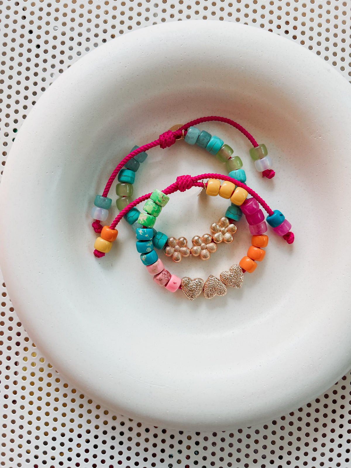 Rainbow Hearts Beaded Bracelet on a Hot Pink Cord