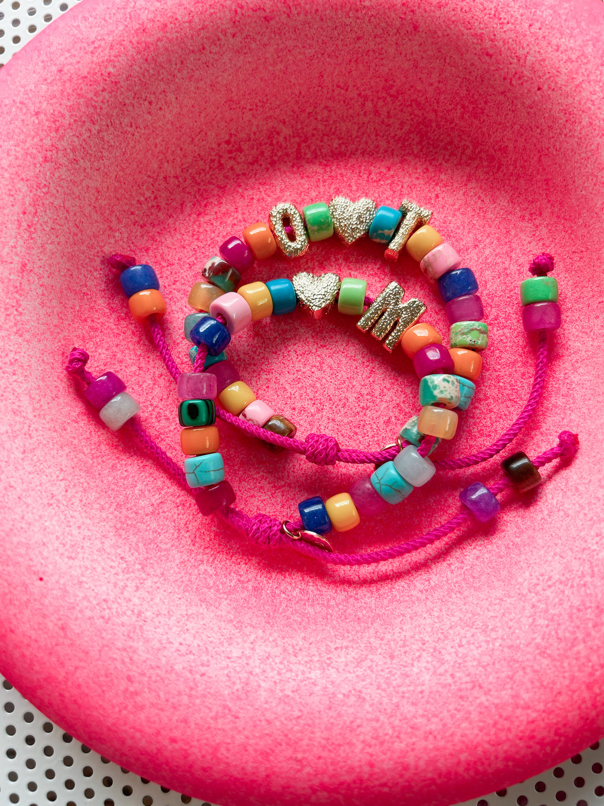 Funfetti Custom 1 Initial & Heart Bracelet on Hot Pink Cord