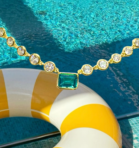 Aqua Emerald Cut Bubble Paperclip Necklace